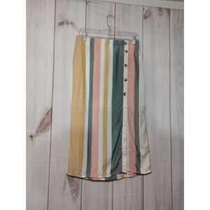 Ladies Small Striped Button Front Neutral Multi Color Casual Everyday‎ Style